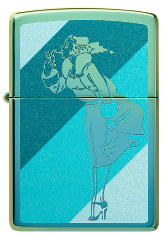 Briquet Zippo  vue de face vert chatoyant et fait de métal, avec une illustration en couleur et gravure qui montre Windy, notre modèle publicitaire préféré