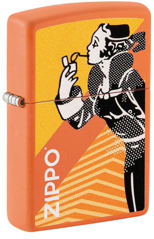 Briquet Zippo ¾ angle vue de face couleur orangée et fait de métal, avec une illustration en couleur qui montre Windy, notre modèle publicitaire préféré