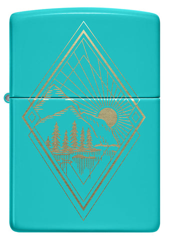 Briquet Flat Zippo  vue de face Turquoise et fait de métal, avec une illustration en couleur qui montre un motif bohémien outdoor gravé au laser.