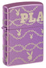 Briquet Zippo ¾ angle 360° vue de face en couleur violet et fait de métal, avec une illustration en couleur qui montre le logo emblématiques de Playboy Rabbit Head