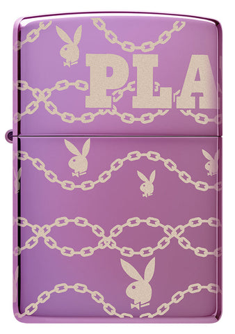 Briquet Zippo 360° vue de face en couleur violet et fait de métal, avec une illustration en couleur qui montre le logo emblématiques de Playboy Rabbit Head