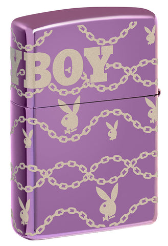 Briquet Zippo ¾ angle 360° vue de l'arrière en couleur violet et fait de métal, avec une illustration en couleur qui montre le logo emblématiques de Playboy Rabbit Head