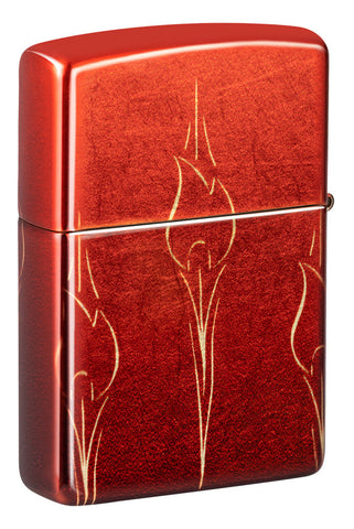 Briquet Zippo ¾ angle 540° vue de l'arrière couleur rouge brique et fait de métal, avec une illustration en couleur qui montre un motif subtil de flammes Zippo répétitives.
