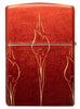 Briquet Zippo 540° vue de l'arrière couleur rouge brique et fait de métal, avec une illustration en couleur qui montre un motif subtil de flammes Zippo répétitives.
