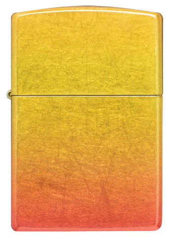 Briquet Zippo 540° vue de face et fait de métal, avec une illustration en couleur qui montre les tons jaunes dorés se fondent dans les tons orange ardents pour créer un effet ombré luxueux.