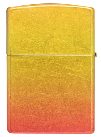 Briquet Zippo 540° vue de l'arrière et fait de métal, avec une illustration en couleur qui montre  les tons jaunes dorés se fondent dans les tons orange ardents pour créer un effet ombré luxueux.