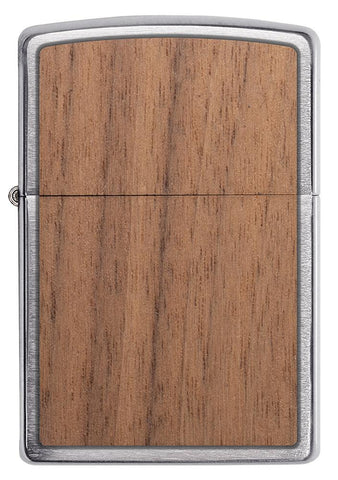 Vue de face briquet Zippo chrome brossé avec emblème Woodchuck