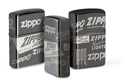 vue groupée briquet Zippo Black Ice avec différents logos Zippo