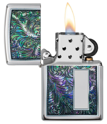 Briquet Zippo motif floral , ouvert avec flamme