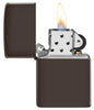 Briquet Zippo marron mat, ouvert avec flamme
