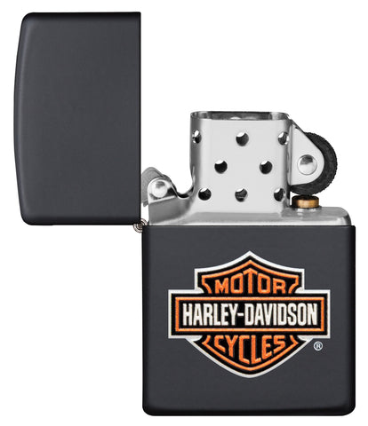 Zippo Feuerzeug Harley-Davidson® schwarz matt mit Texture Print Logo Online Only geöffnet ohne Flamme
