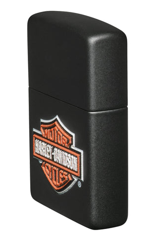 Seitenansicht vorne 3/4 Winkel Zippo Feuerzeug Harley-Davidson® schwarz matt mit Texture Print Logo Online Only