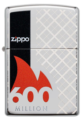 Briquet Zippo 600 Million Vue de face en chrome poli brillant avec gravure laser à 360° avec nom du briquet entouré d'une flamme rouge et avec une barre noire latérale
