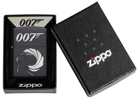 Zippo Feuerzeug James Bond 007 schwarz matt mit Logo als Texturdruck Online Only in geöffneter Schatulle zum Verschenken
