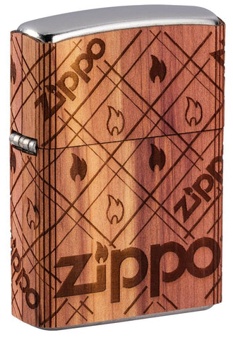 Vue de face 3/4 briquet Zippo chromé Woodchuck flamme Zippo 360°