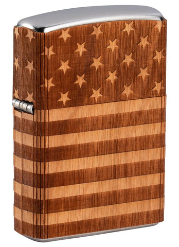 Vue de face 3/4 briquet Zippo chromé Woodchuck drapeau USA 360°