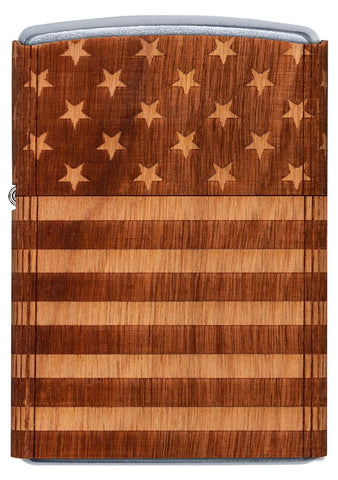 Vue de face briquet Zippo chromé Woodchuck drapeau USA 360°