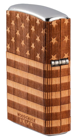 Vue de côté dos briquet Zippo chromé Woodchuck drapeau USA 360°