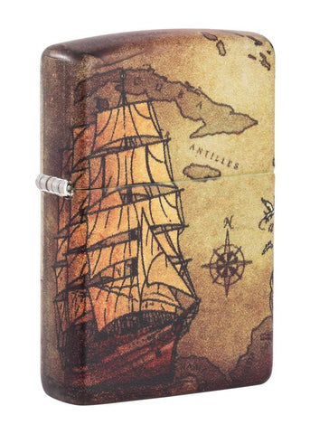 Vue de face 3/4 briquet Zippo blanc mat 540° Color Image avec navire pirate et carte au trésor