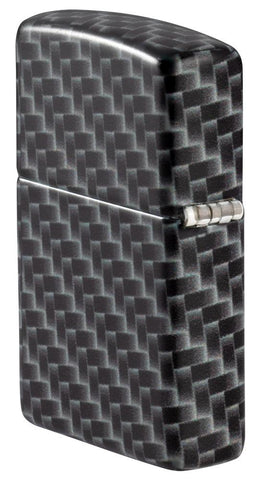 Vue de dos 3/4 briquet Zippo blanc mat avec 540° Color Image et motif à carreaux rectangulaires