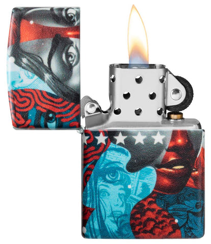 Briquet Zippo Tristan Eaton ouvert avec flamme