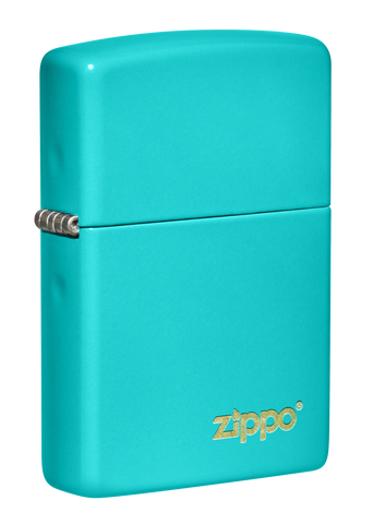 Briquet Zippo vue de trois quarts du briquet tempête Zippo Flat Turquoise avec logo
