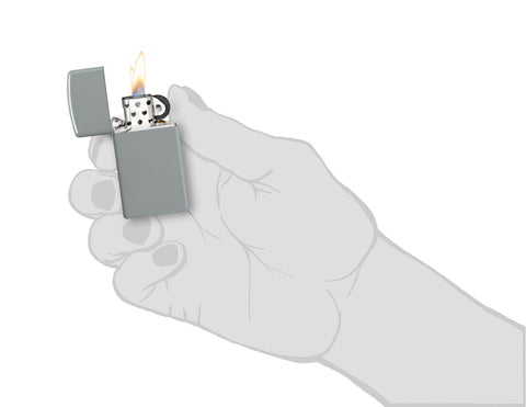 ippo Feuerzeug Slim Flat Gray Grau Matt geöffnet mit Flamme in stilisierter Hand