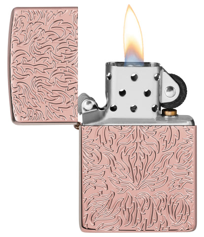 Zippo Feuerzeug Armor Rose Gold mit tiefer Flammen Gravur Online Only geöffnet mit Flamme
