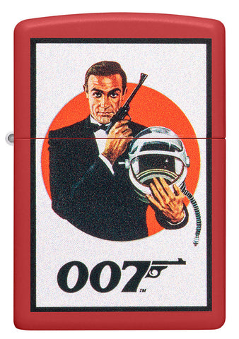Briquet Zippo vue de face rouge mat avec James Bond 007™ en costume noir ainsi que pistolet et casque d'astronaute