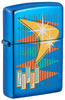 Briquet Zippo vue de face ¾ angle bleu brillant style rétro avec de nombreux triangles colorés ainsi que le logo de Zippo