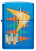Briquet Zippo vue de face bleu brillant dans un style rétro avec de nombreux triangles colorés ainsi que le logo de Zippo.