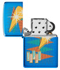 Briquet Zippo bleu brillant de style rétro avec de nombreux triangles colorés ainsi que le logo ouvert sans flamme