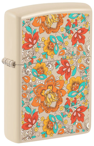 Briquet Zippo vue de face ¾ d'angle impression couleur sable avec motif floral hippie floral