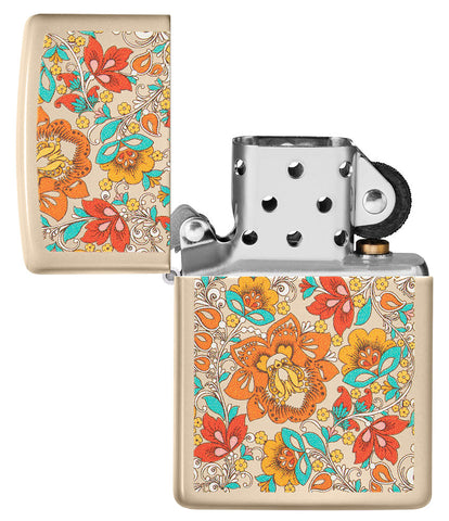 Briquet Zippo couleur sable avec motif floral de style hippie ouvert sans flamme