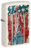 Briquet Zippo vue de face ¾ angle Mercury Glass avec image colorée de la Statue de la Liberté et drapeau américain en arrière-plan