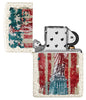 Briquet Zippo vue de face Mercury Glass ouvert avec illustration en couleur de la Statue de la Liberté et drapeau américain en arrière-plan