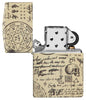 Briquet Zippo 540° vue de face ouvert avec illustration en couleur et fait de métal qui montre des motifs alchimiques qui couvrent toute la surface avec des crânes, des bougies et des écritures mystérieuses.