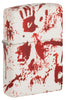 Briquet Zippo vue de face ¾ angle 540 degrés design blanc mat avec empreintes de mains ensanglantées