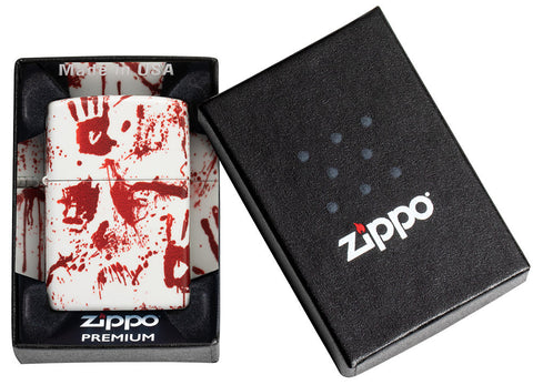Briquet Zippo 540 degrés Design blanc mat avec empreintes de mains ensanglantées dans un emballage premium ouvert