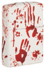 Briquet Zippo vue arrière ¾ angle 540 degrés design blanc mat avec empreintes de mains sanglantes