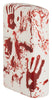 Briquet Zippo vue de côté avant ¾ angle 540 degrés design blanc mat avec empreintes de mains ensanglantées