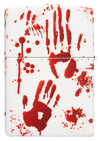 Briquet Zippo vue de dos 540 degrés Design blanc mat avec empreintes de mains sanglantes