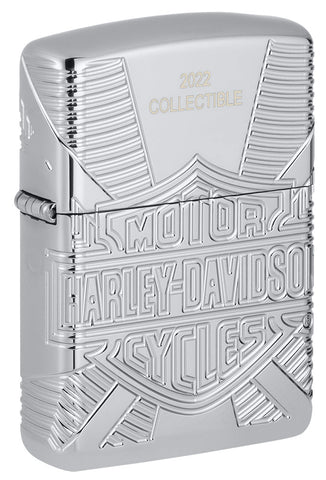 Briquet Zippo de collection 2022 ¾ angle 360° vue de face ¾ angle logo Harley Davidson avec gravures profondes sur briquet poli miroir à paroi épaisse.