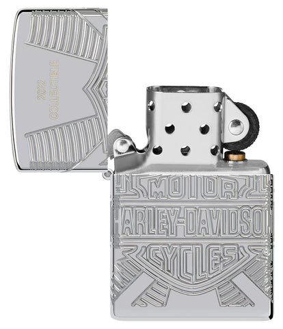 Briquet Zippo de collection 2022, 360° vue de face ouvert logo Harley Davidson avec gravures profondes sur briquet poli miroir à paroi épaisse.