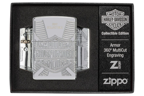 Briquet Zippo de collection 2022 Logo Harley Davidson avec gravures profondes sur briquet à paroi épaisse poli miroir dans un emballage cadeau de luxe ouvert