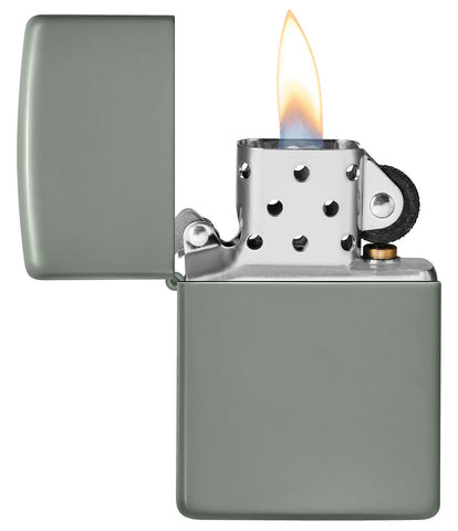 Briquet Zippo modèle de base doux Sage Gris ouvert avec flamme