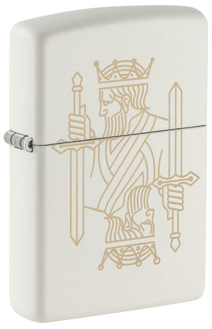 Briquet Zippo vue de face ¾ angle blanc mat avec gravure laser sur deux faces d'un roi avec couronne ainsi qu'épée