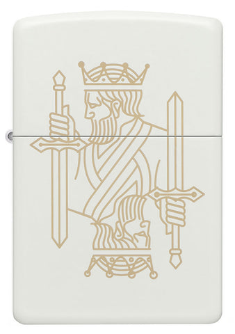 Briquet Zippo vue de face blanc mat avec gravure laser sur deux faces d'un roi avec couronne et épée