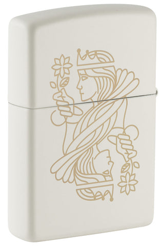 Briquet Zippo vue de dos ¾ angle blanc mat avec gravure laser sur deux faces d'une reine avec diadème ainsi que d'une fleur