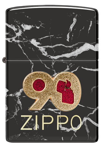Briquet Zippo 360° vue de face fait de métal avec l'illustration en couleur qui montre le logo de Zippo de la série limitée du briquet 2022 pour célébrer 90 ans de notre marque.